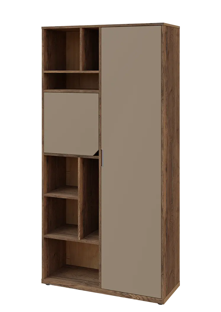 KSR6-83 P skříň šatní, 1x výsuvné ramínko, dvířka, niky, 2053x1022x400 mm, provedení pravé, dub halifax cínový/latte